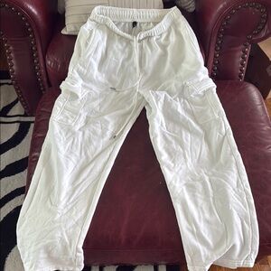 White Cargo Pants with Relaxed Fit and Elastic Ankle